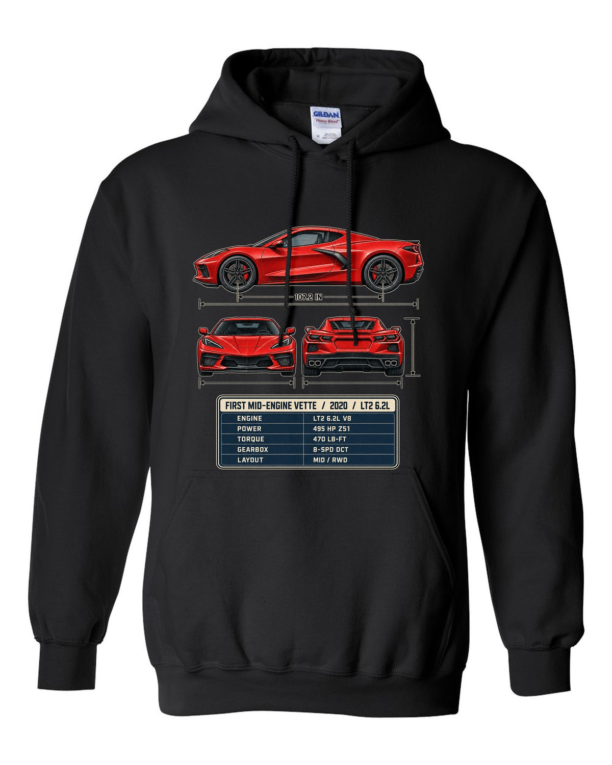 Three-view spec table print of a Chevrolet Corvette C8 Stingray with LT2 6.2L text black pull over hoodie front view with the design