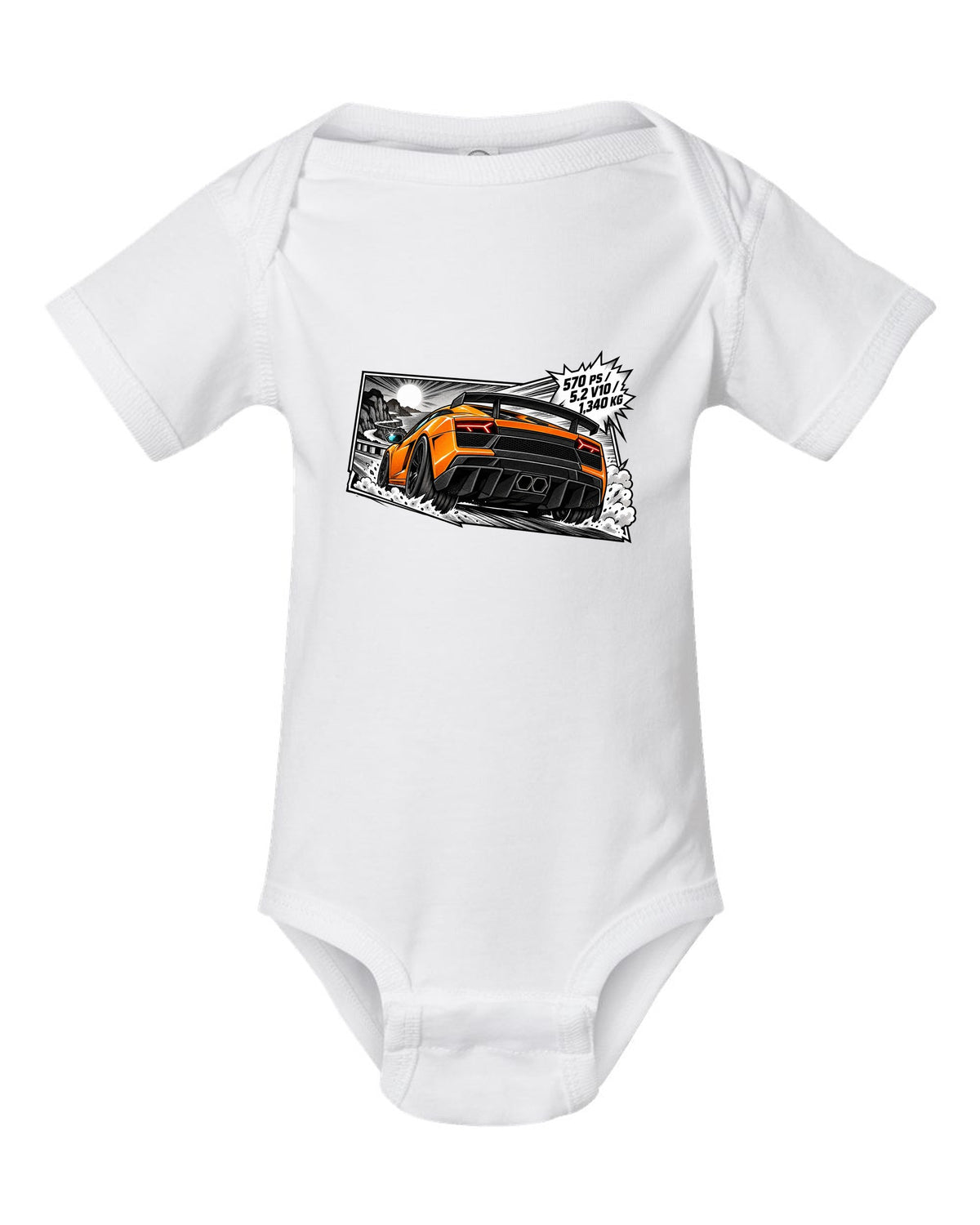 Retro manga halftone panel of a Lamborghini Gallardo LP570-4 Superleggera with spec text white baby onesie front view with the design