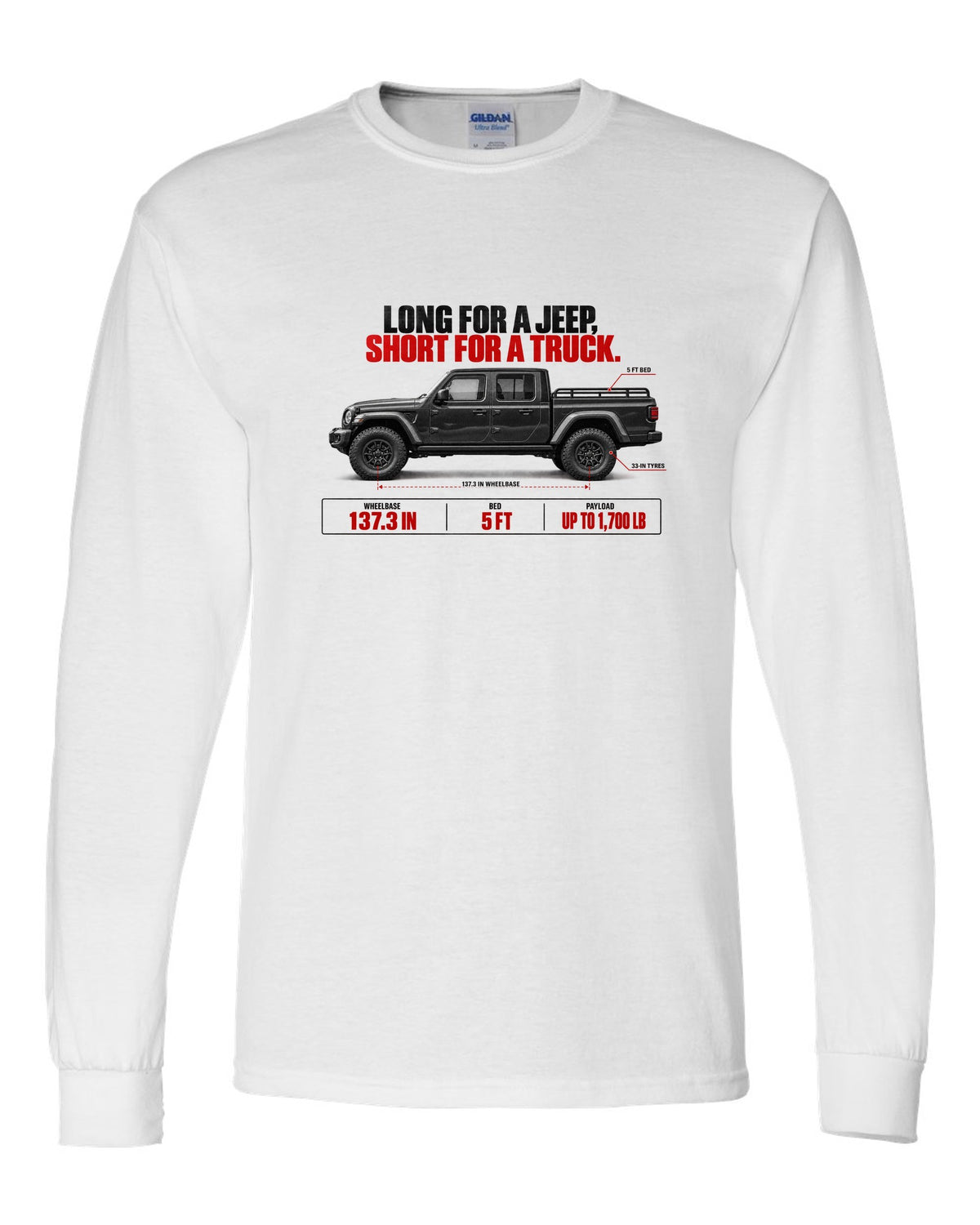 Jeep Gladiator JT spec poster print with wheelbase and payload figures white long sleeve front view with the design