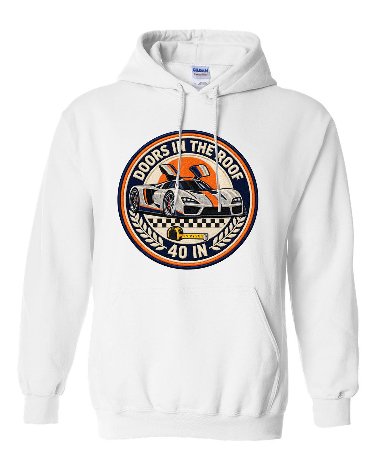 Round crest design for the Ford GT40 Mk II with doors in the roof lettering white pull over hoodie front view with the design