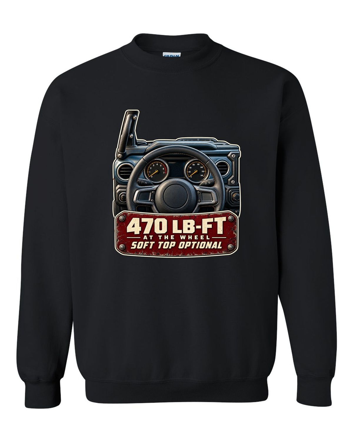 Gauge cluster print for the Jeep Wrangler Rubicon 392 with torque callout black crewneck front view with the design