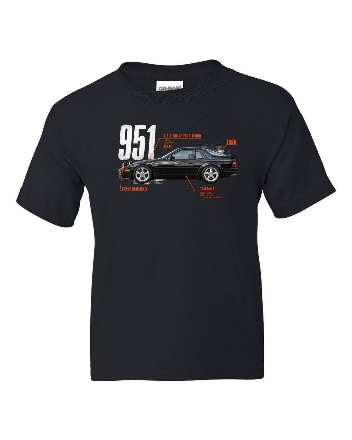 Spec poster print of a Porsche 944 Turbo 951 with 2.5 L turbo four, transaxle and pop-up headlights lettering black kids tee front view with the design