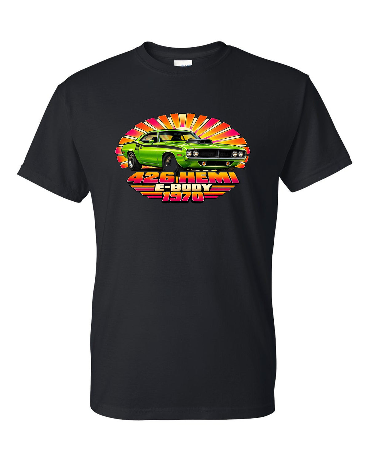 1970 Plymouth Hemi Cuda E-body 70s airbrush sunburst print with 426 Hemi text black t-shirt front view with the design