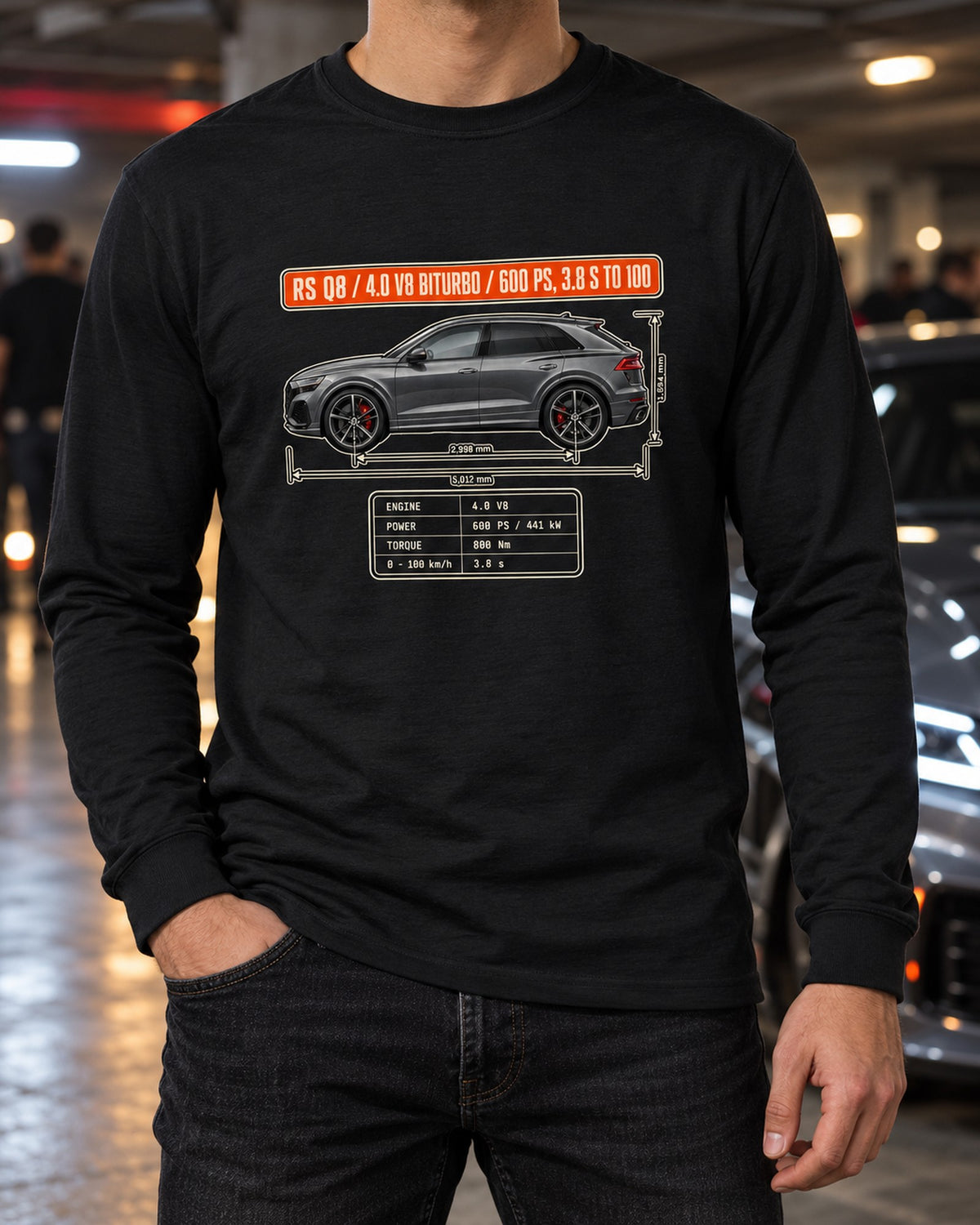 Audi RS Q8 Blueprint Graphic Tee, 4.0 V8 Biturbo Car Shirt Long Sleeve Black worn hero