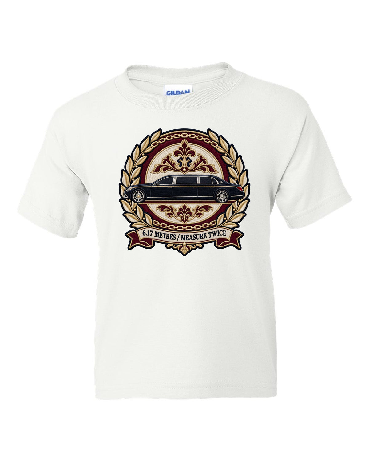 Embroidery style round crest of a Maybach 62 W240 opera window with 6.17 Metres Measure Twice text white kids tee front view with the design