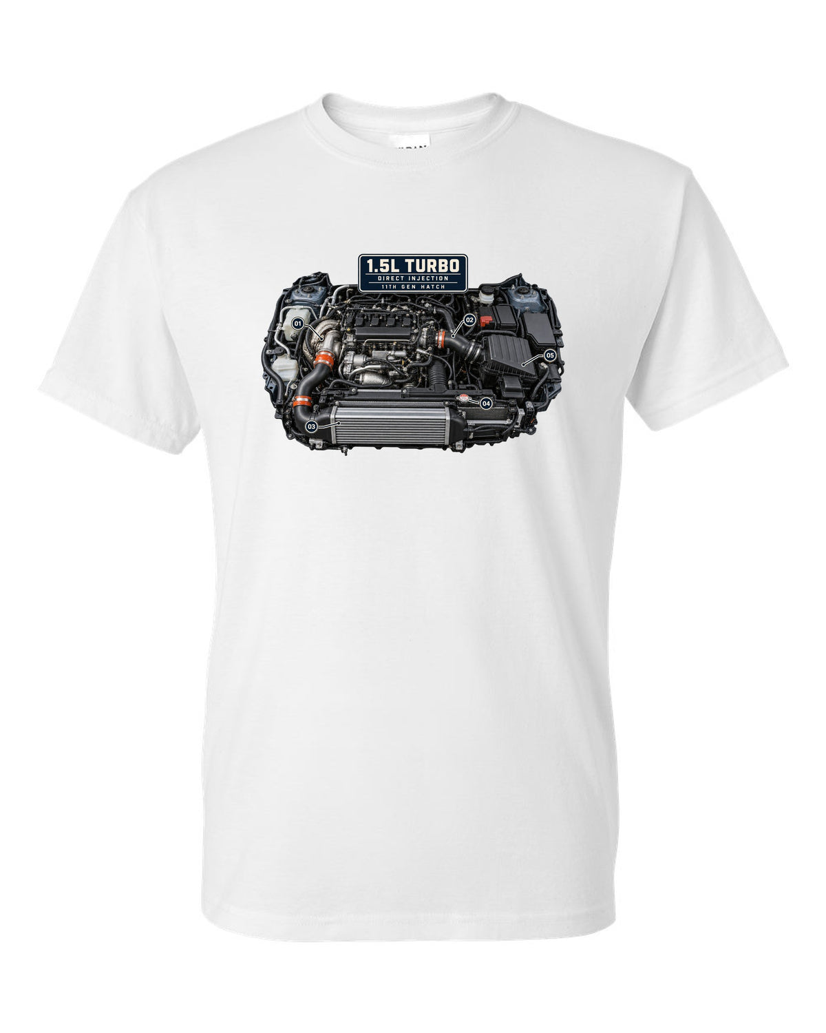 Honda Civic chback FL1 1.5L turbo engine bay print white t-shirt front view with the design