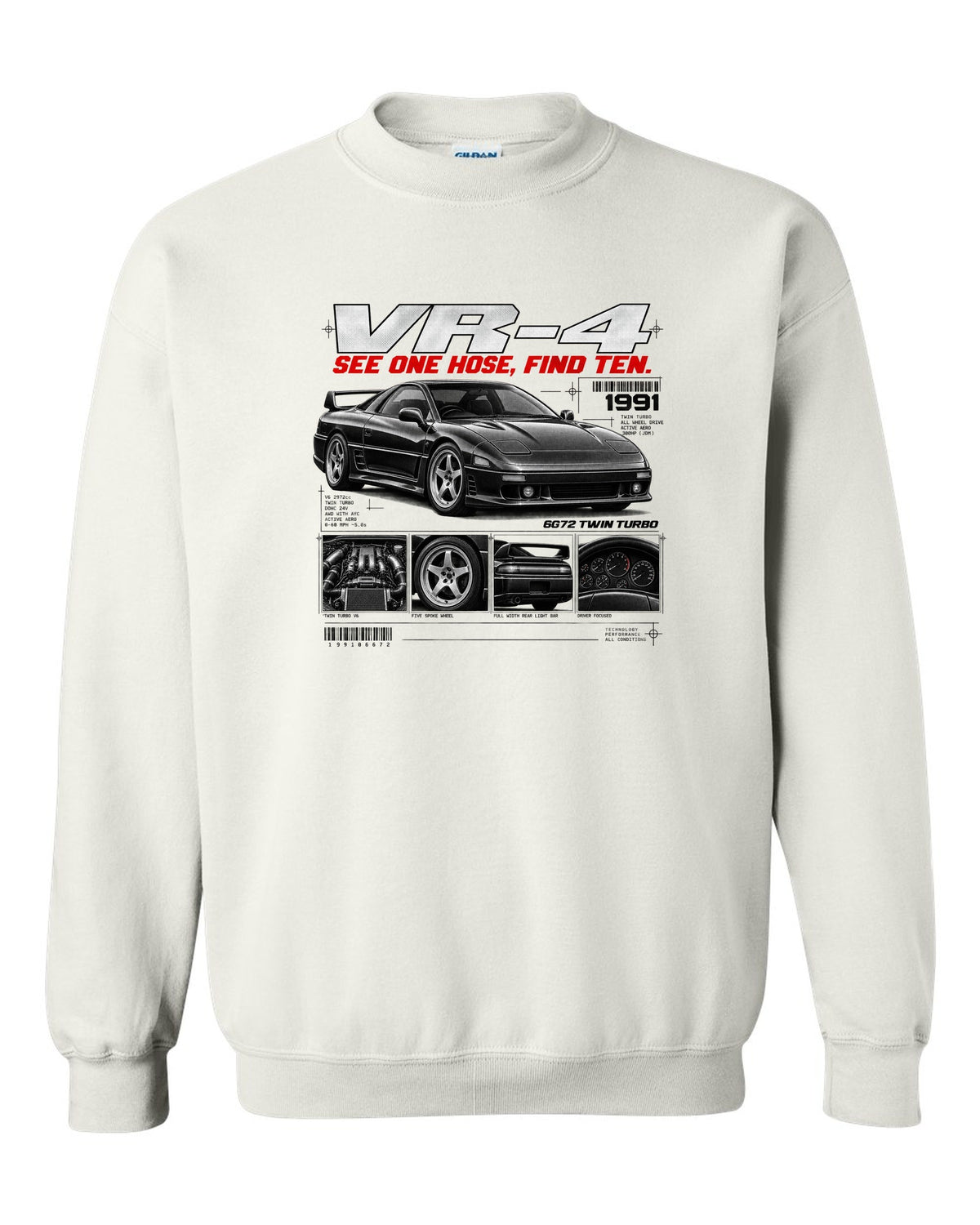 Mitsubishi 3000GT VR-4 Z16A dossier panel print with 6G72 twin turbo text white crewneck front view with the design