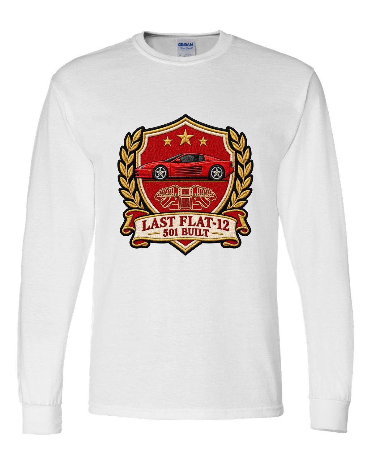 Varsity crest print for the Ferrari F512 M with the text last flat-12, 501 built white long sleeve front view with the design