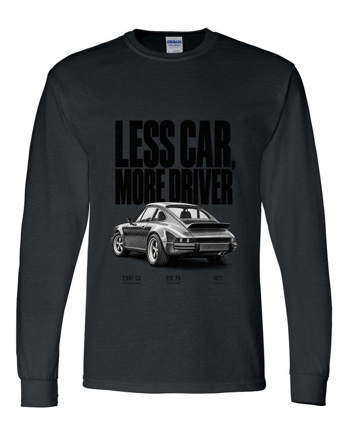 Halftone print of the 1973 Porsche 911 Carrera RS 2.7 with the line Less Car More Driver black long sleeve front view with the design