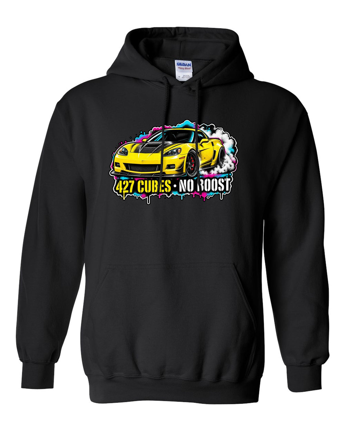 Stencil spray street art print of a 2006 Chevrolet Corvette C6 Z06 with 427 cubes no boost lettering black pull over hoodie front view with the design