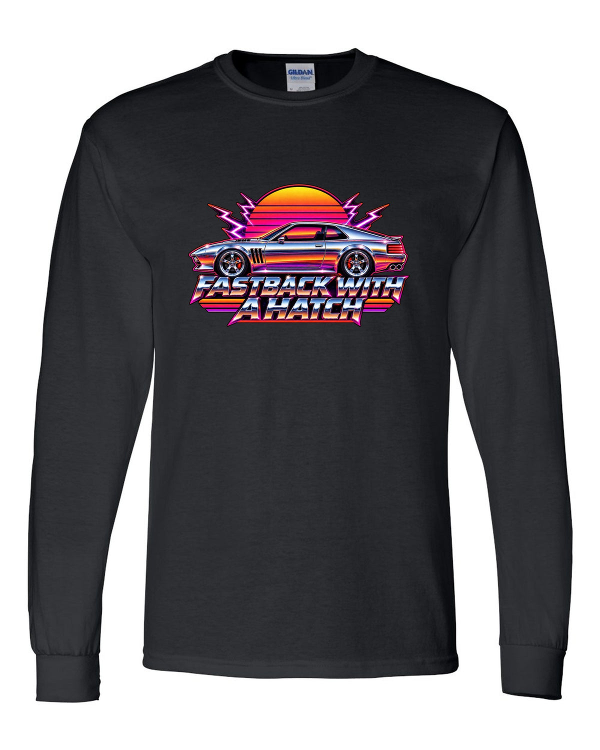 Kia Stinger GT CK 80s airbrush chrome sunset print with fastback with a ch text black long sleeve front view with the design