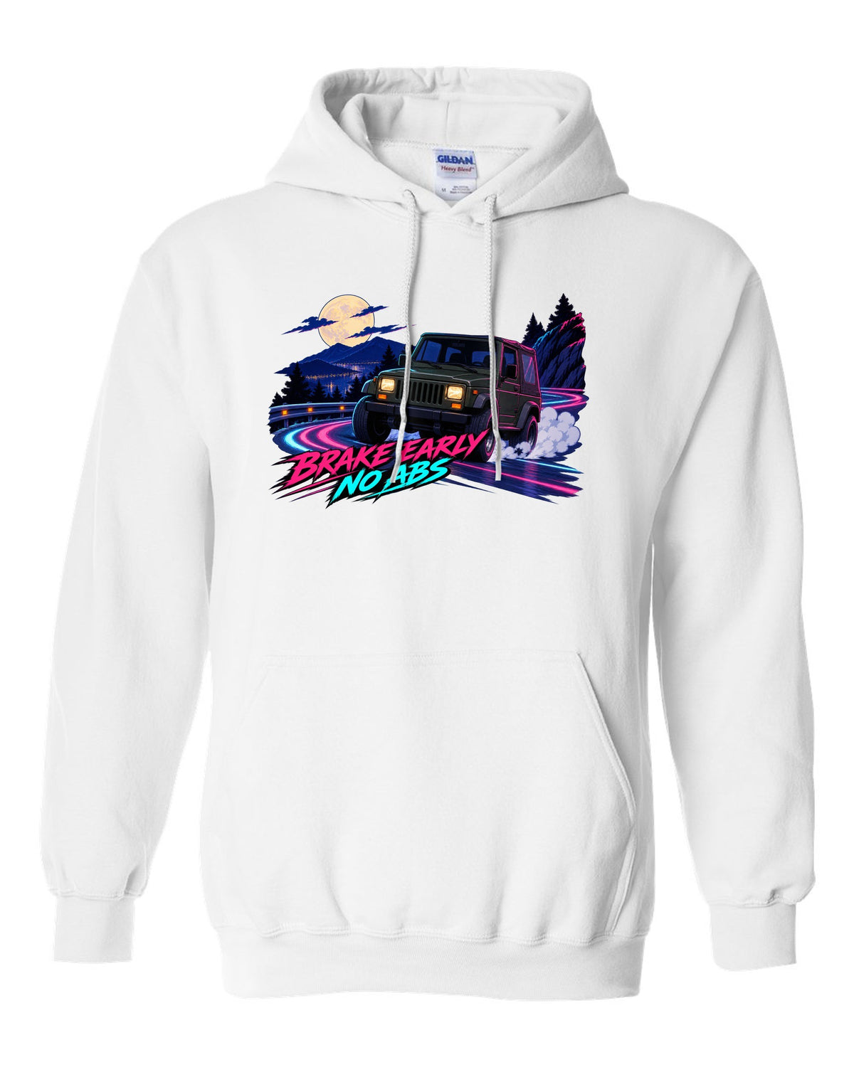 Cel-shaded anime night touge print of a Jeep Wrangler YJ with no ABS text white pull over hoodie front view with the design