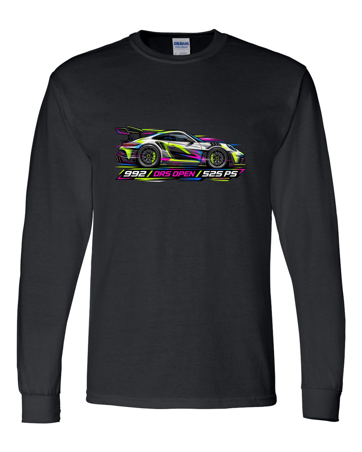 Cyberpunk neon vector artwork of a Porsche 911 GT3 RS 992 with DRS open black long sleeve front view with the design