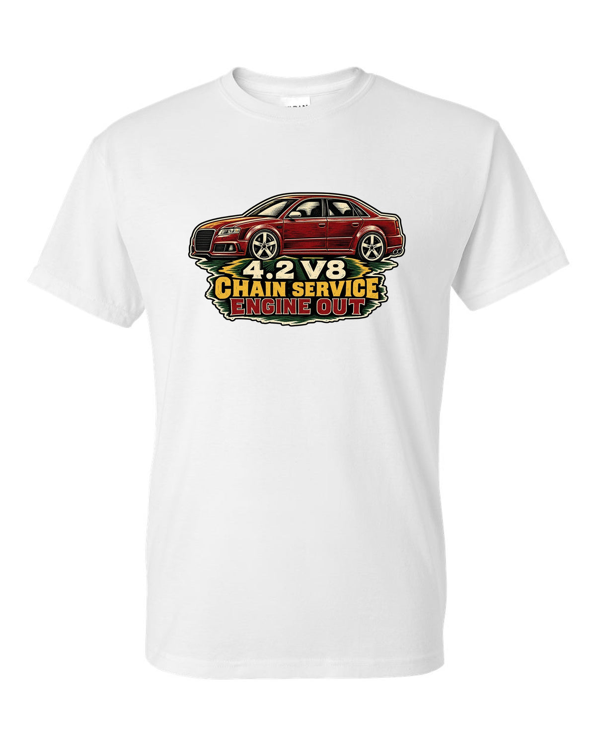 Linocut style print of an Audi S4 B7 sedan with 4.2 V8 chain service text white t-shirt front view with the design