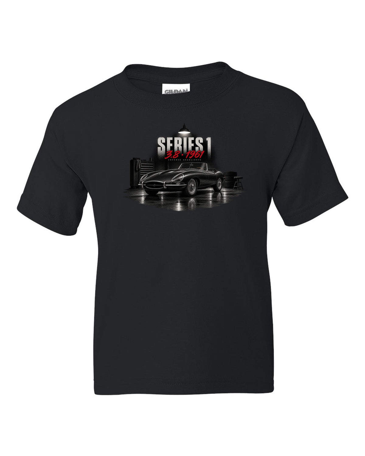 Garage night print of a 1961 Jaguar E-Type Series 1 3.8 with covered headlights and wire wheels black kids tee front view with the design