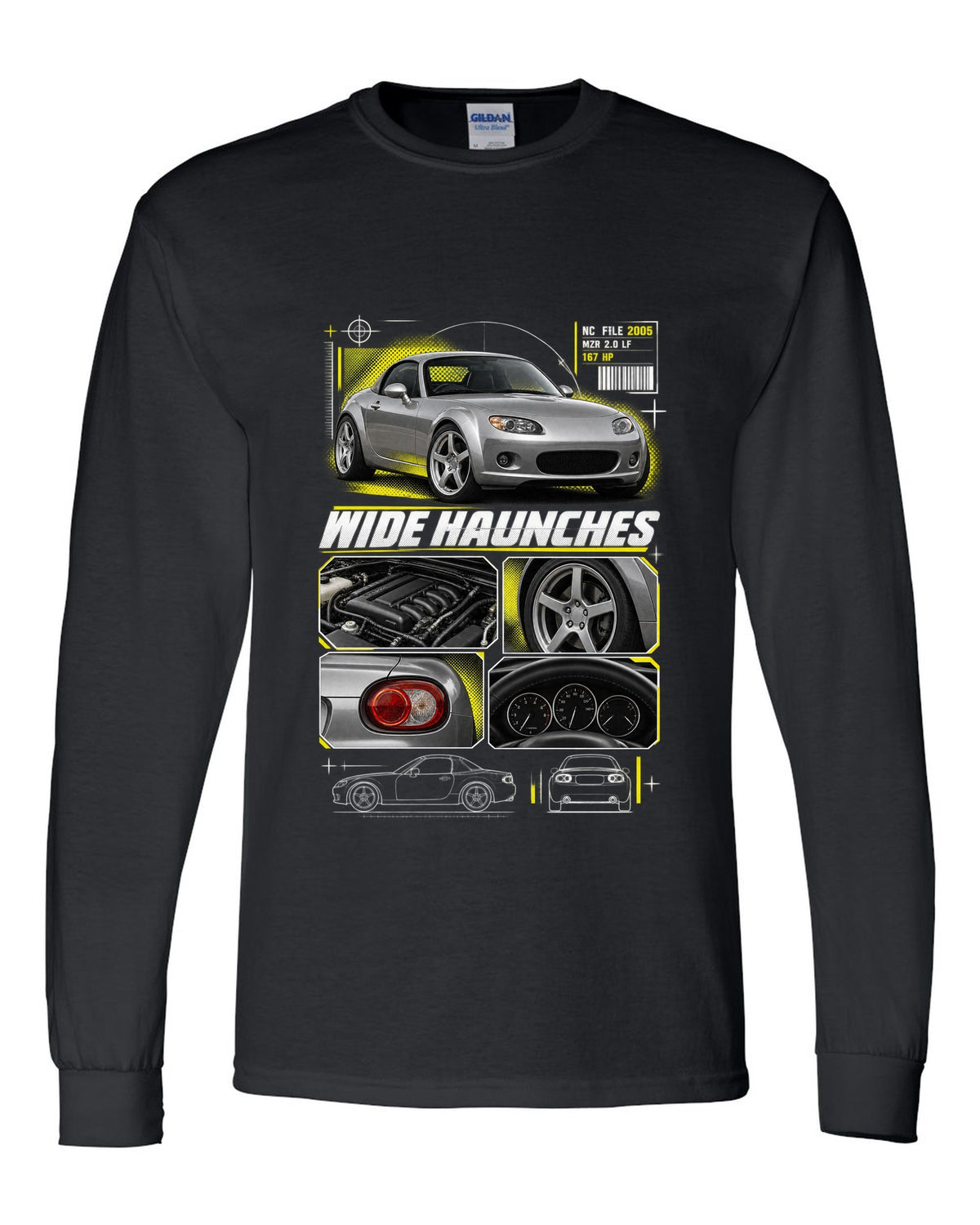 Dossier panels print for the Mazda MX-5 NC PRHT 2005-15 with MZR 2.0 LF and wide haunches black long sleeve front view with the design