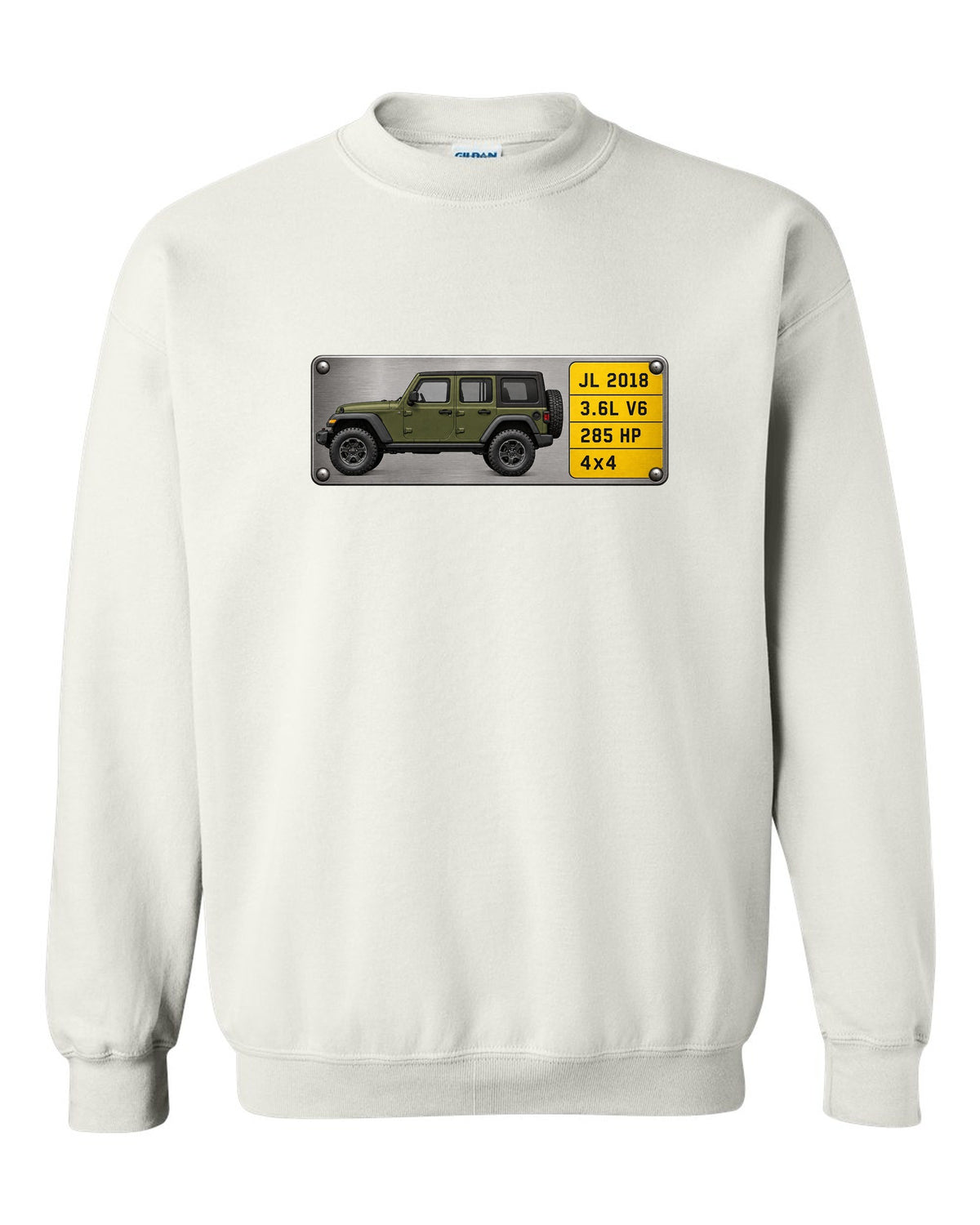 Jeep Wrangler JL Unlimited 3.6L V6 285 HP Spec Plate Tee white crewneck front view with the design