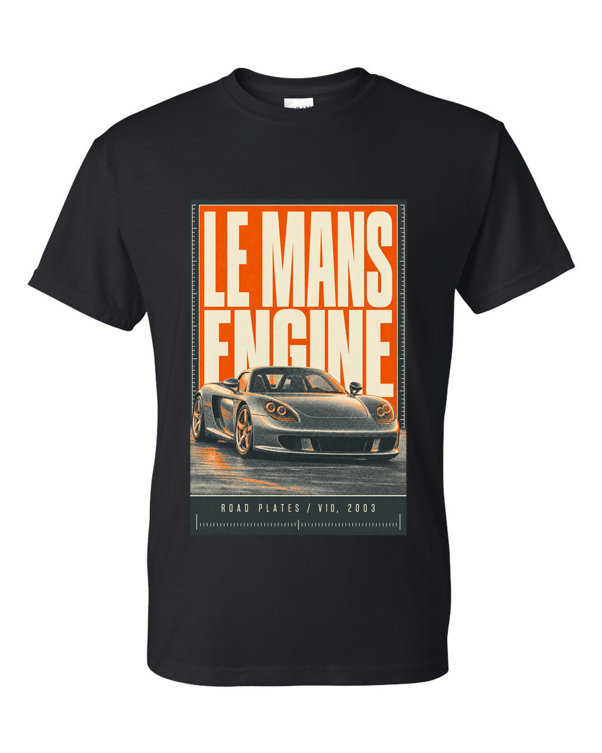 Porsche Carrera GT halftone statement print design black t-shirt front view with the design