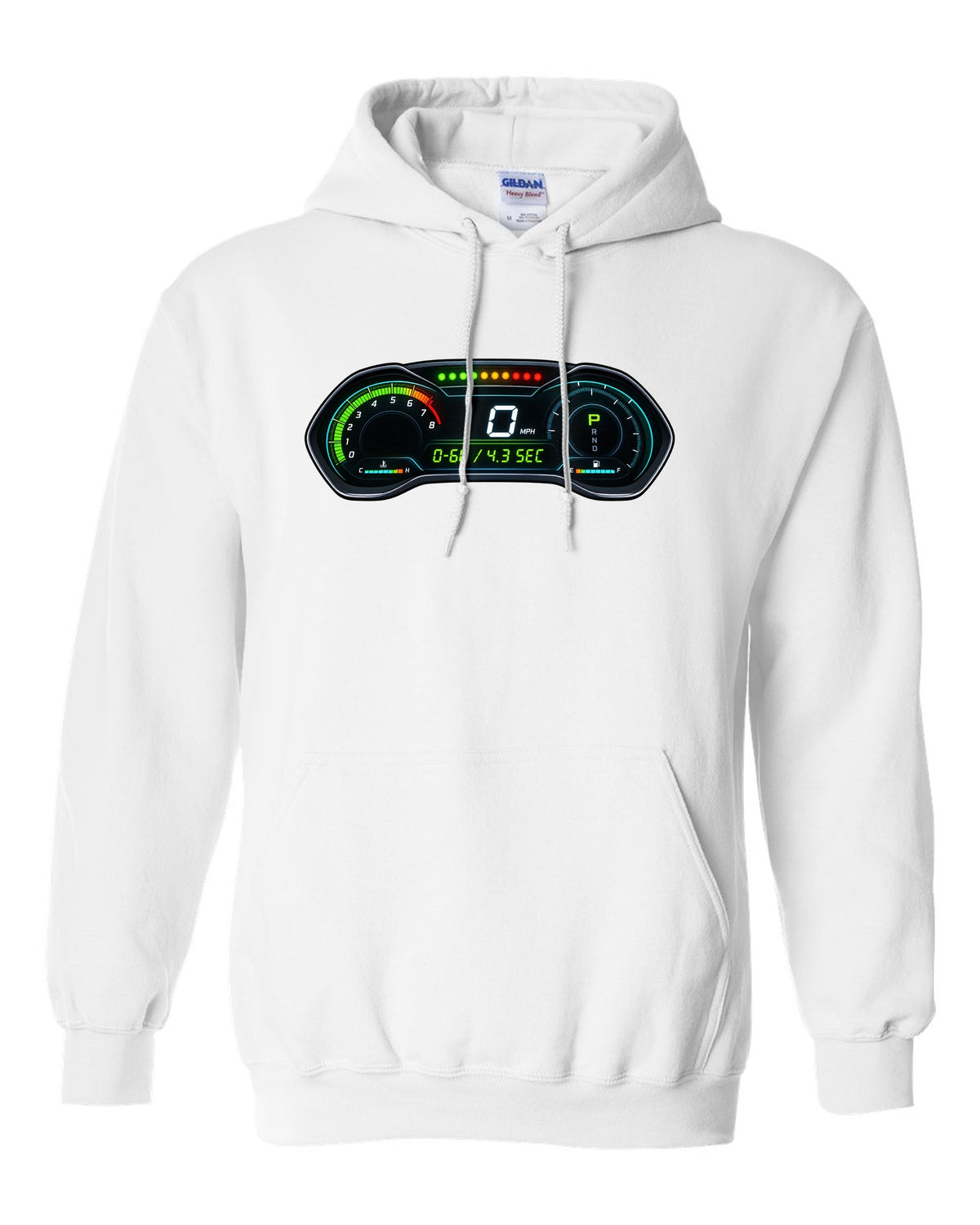 Retro manga halftone panel print of an S550 Mustang fastback doing a line lock burnout white pull over hoodie front view with the design