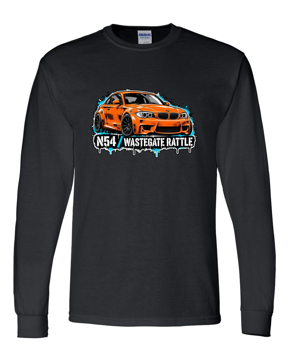 Embroidery-style varsity crest print of a BMW M1 E26 with louvre rear text black long sleeve front view with the design