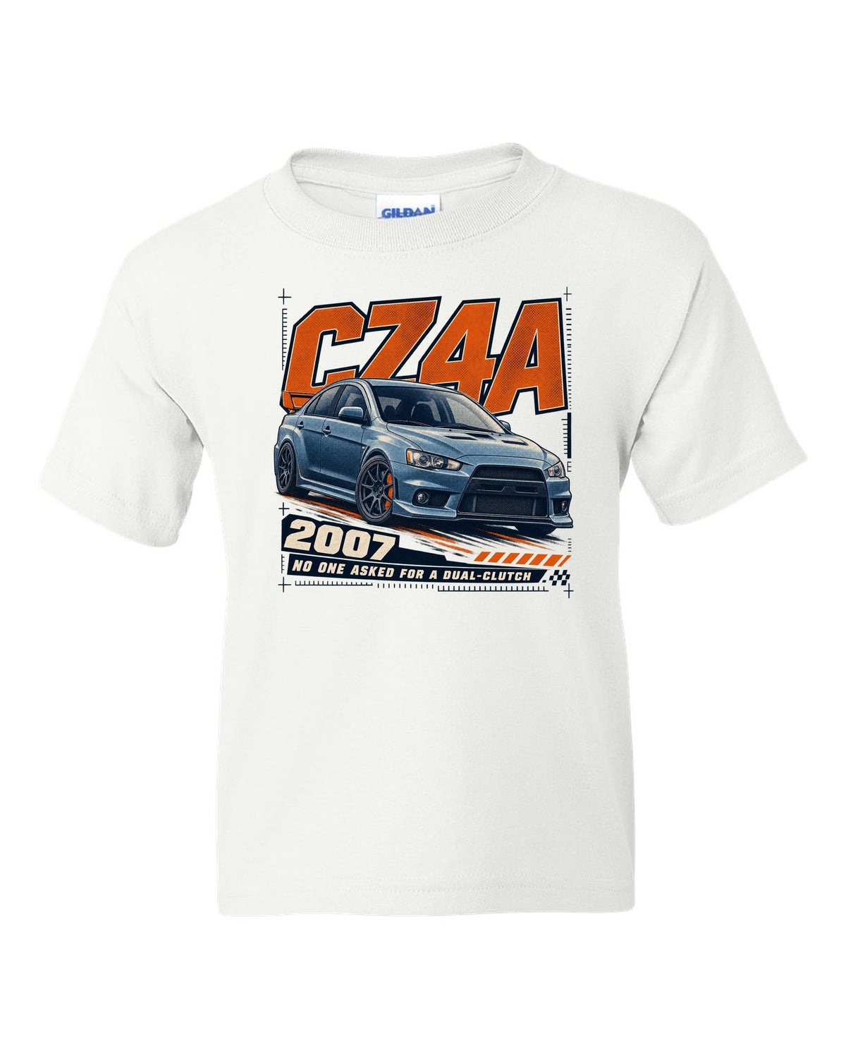 Mitsubishi Lancer Evolution X CZ4A front three-quarter halftone print white kids tee front view with the design
