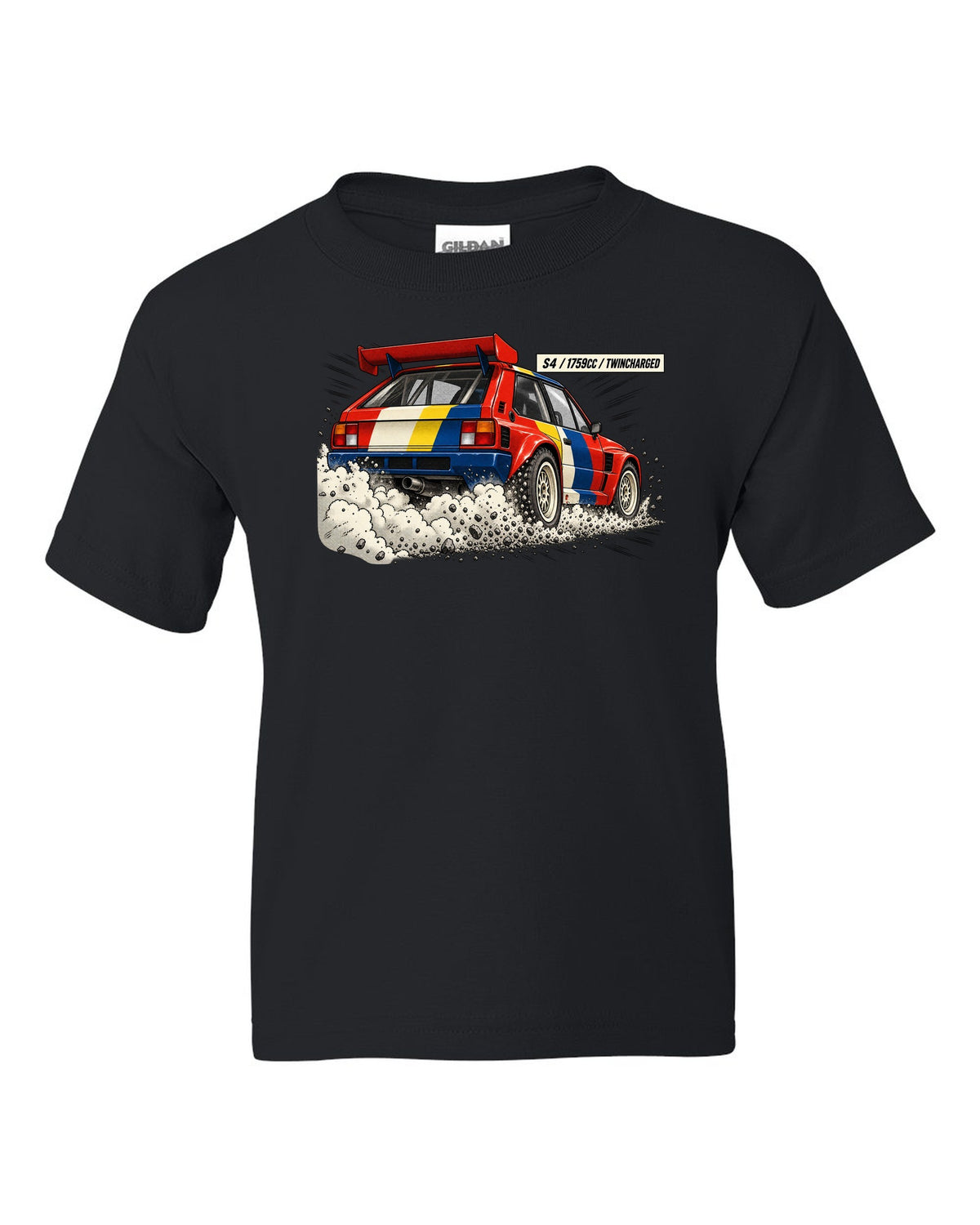 Retro manga halftone panel of the rear of a Lancia Delta S4 with twincharged lettering black kids tee front view with the design