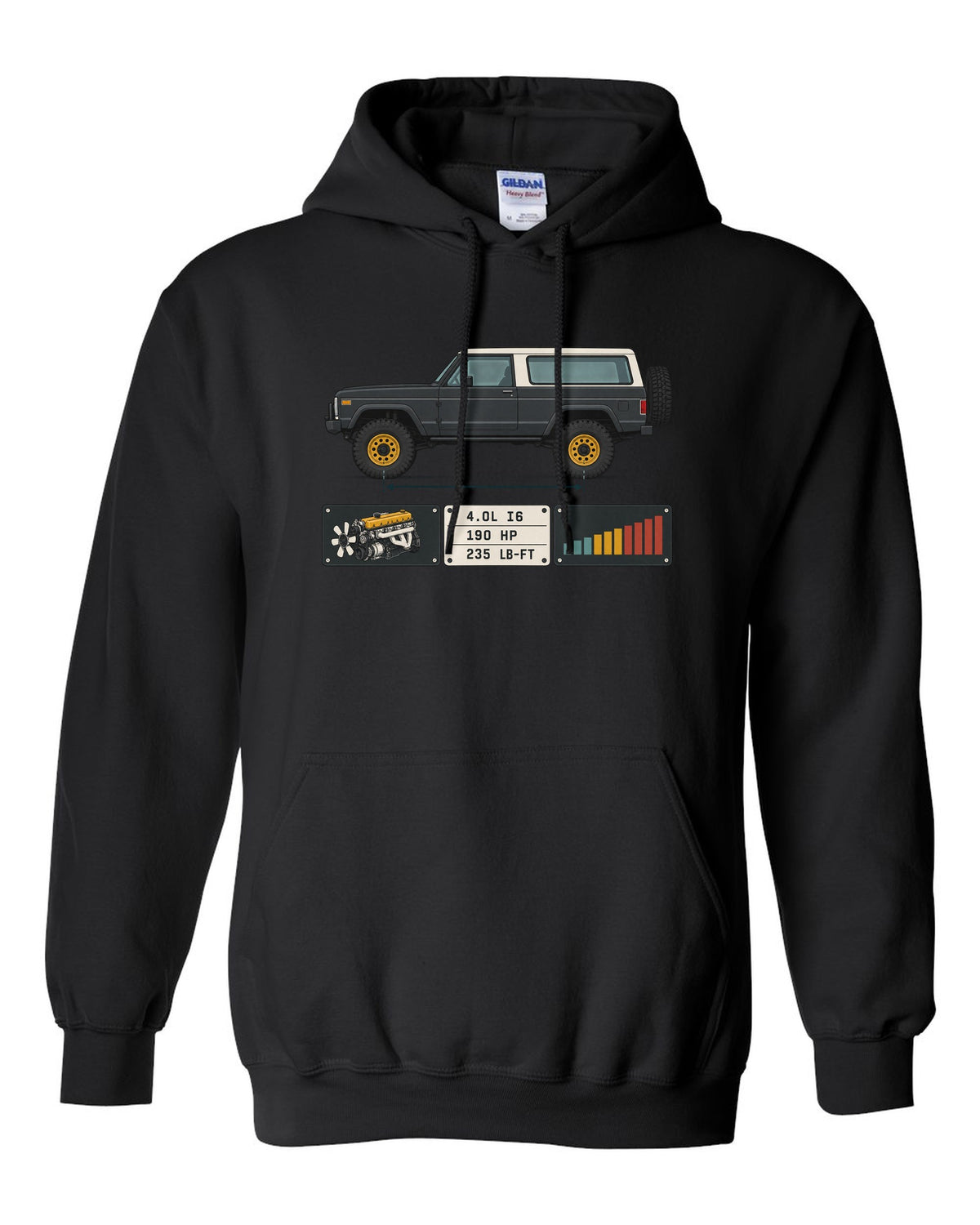 Jeep Wrangler LJ Unlimited spec sheet data plate design with 4.0L I6 190 HP 235 lb-ft black pull over hoodie front view with the design