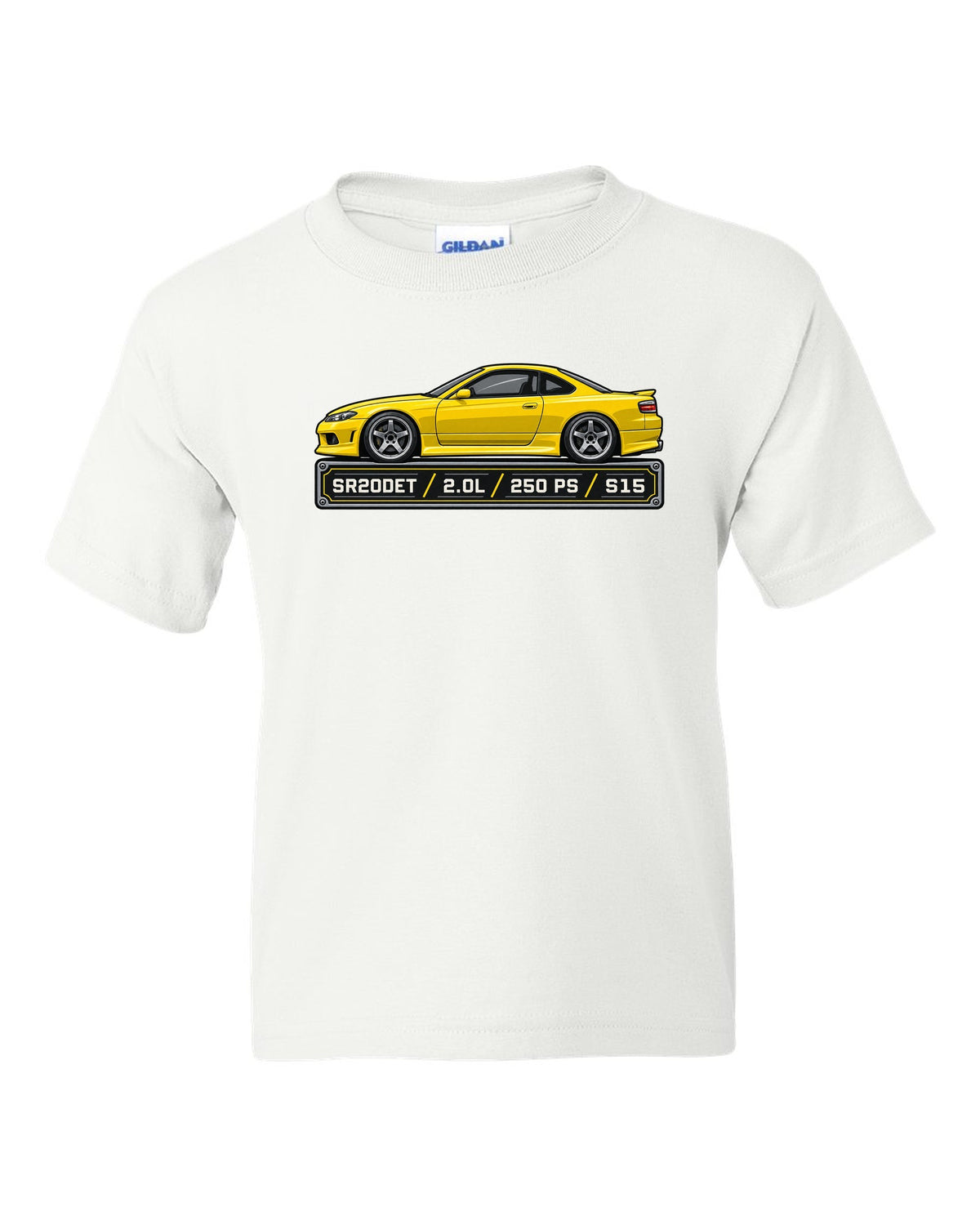 Spec-sheet data plate print for the Nissan Silvia S15 listing SR20DET 2.0L 250 PS white kids tee front view with the design