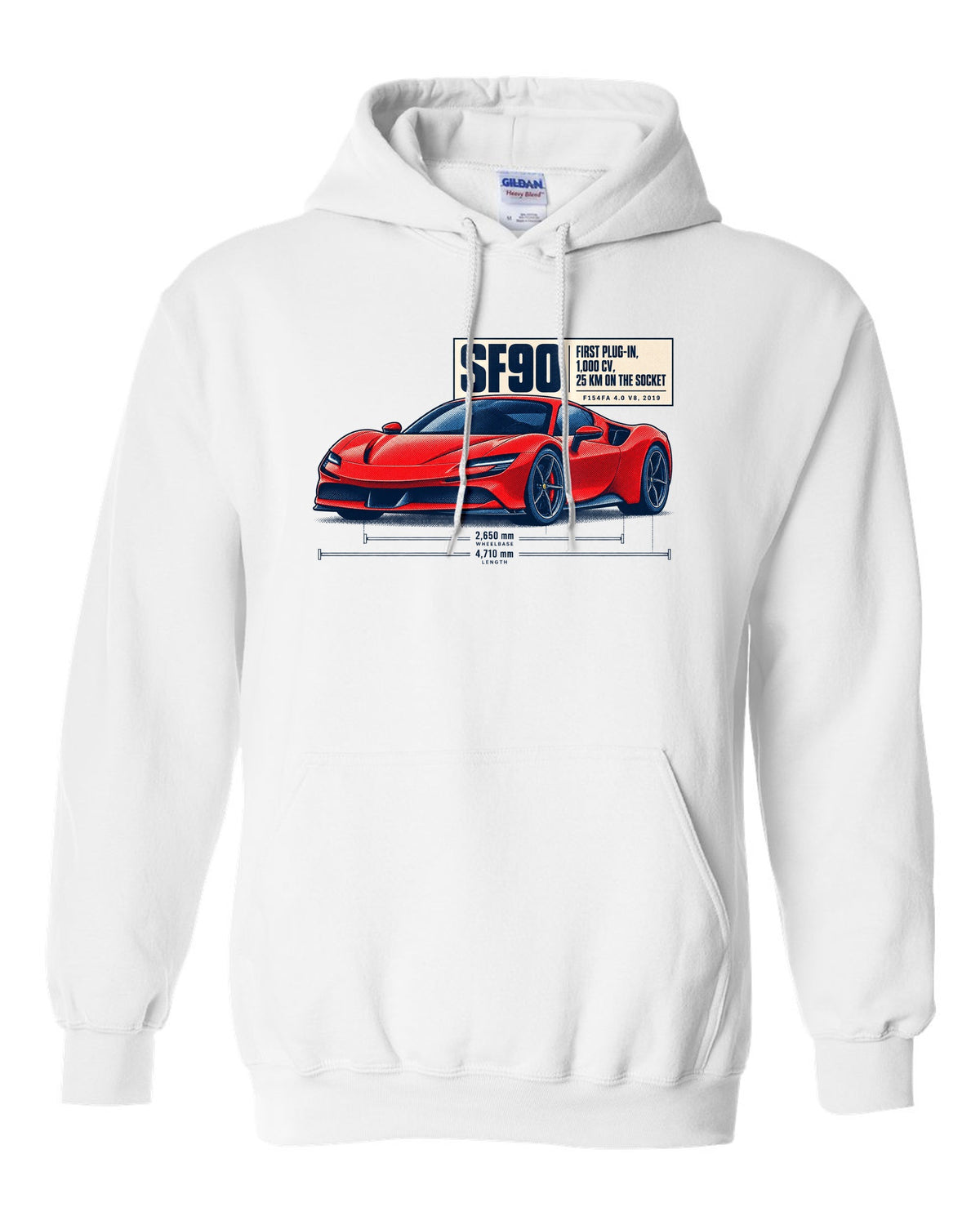 Ferrari SF90 Stradale halftone print with first plug-in, 1,000 CV text white pull over hoodie front view with the design