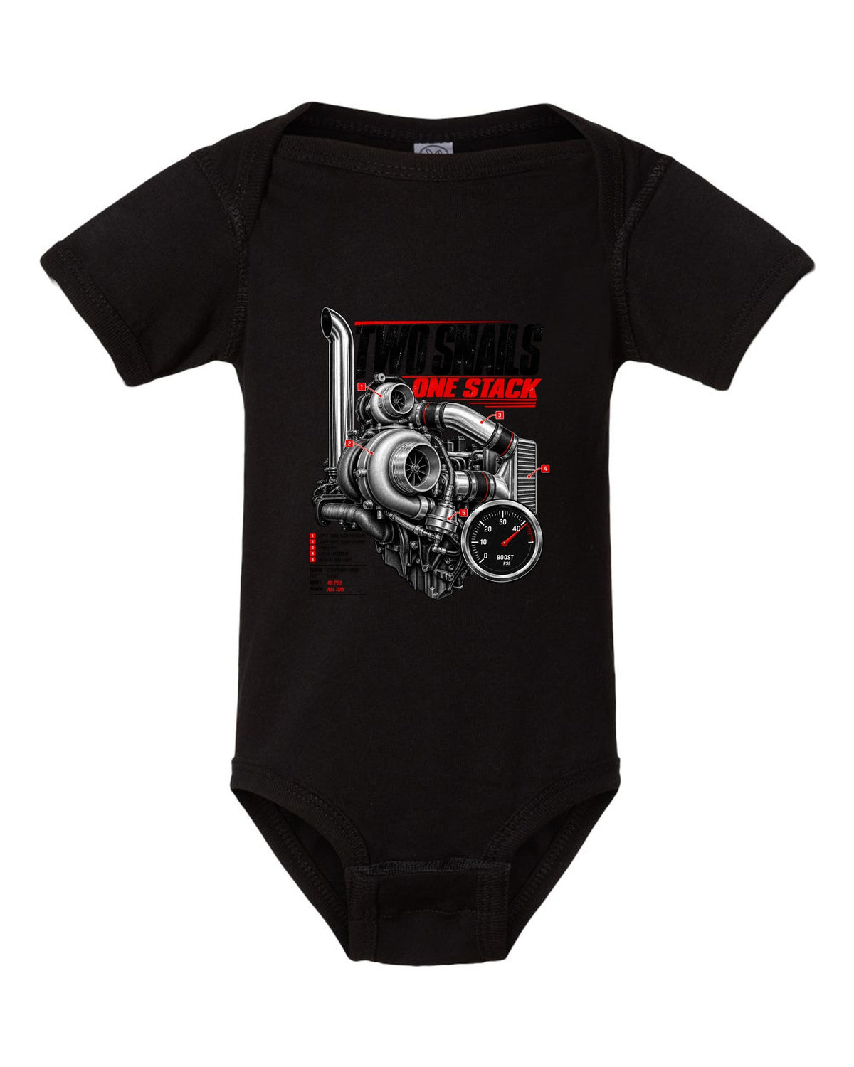 Engine hero print of a compound turbo diesel pickup boost gauge reading 40 psi black baby onesie front view with the design