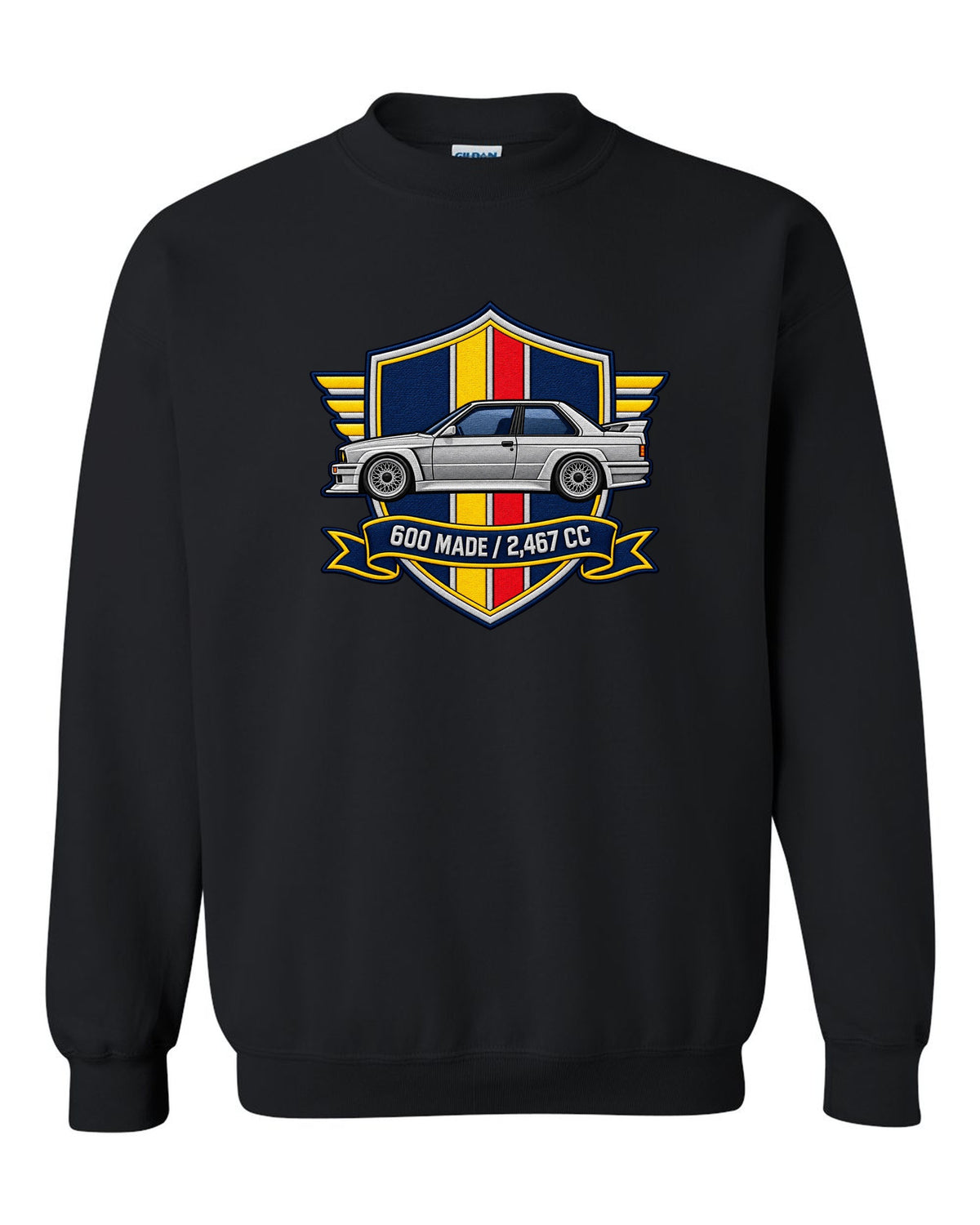 Varsity crest style print of a BMW E30 M3 Sport Evo with 600 made and 2,467 cc text black crewneck front view with the design