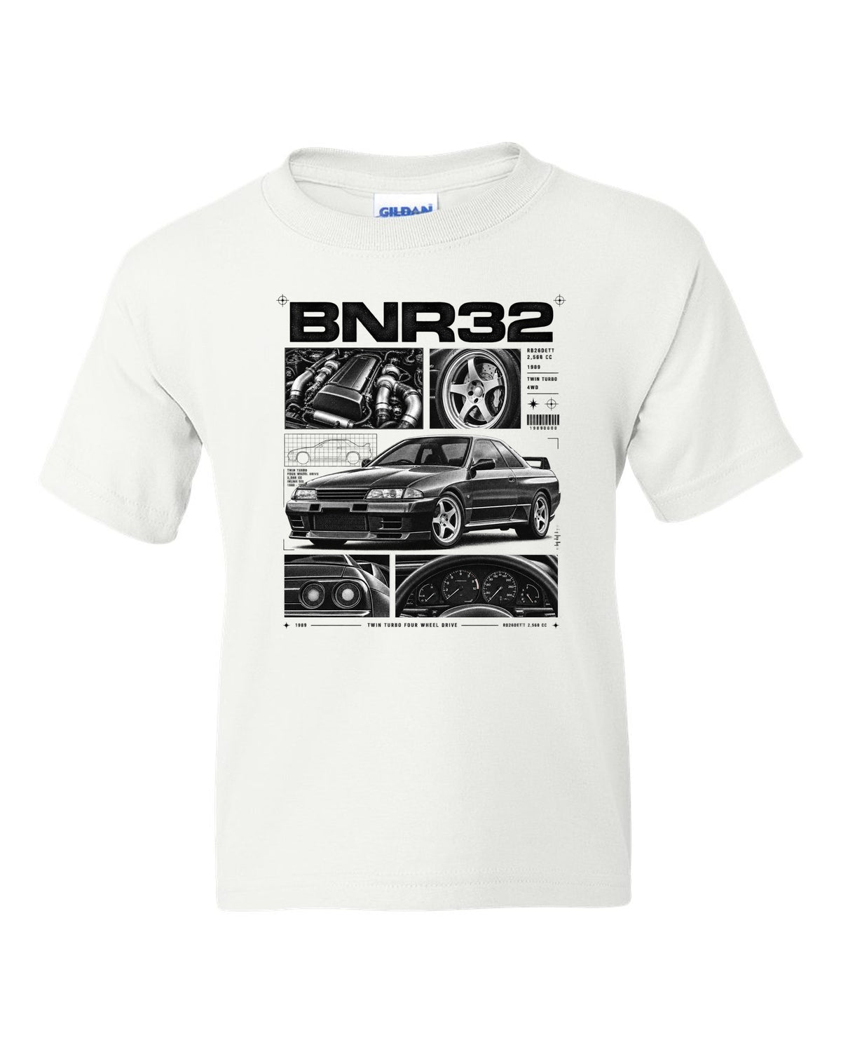 Dossier panel print of a Nissan Skyline GT-R R32 BNR32 with RB26DETT specs white kids tee front view with the design