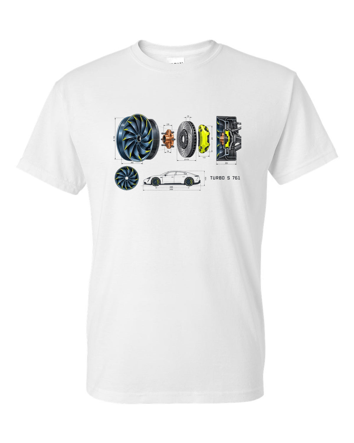 Porsche Taycan Turbo S 9J1 turbine wheel engineering schematic print with the text Turbo S 761 white t-shirt front view with the design