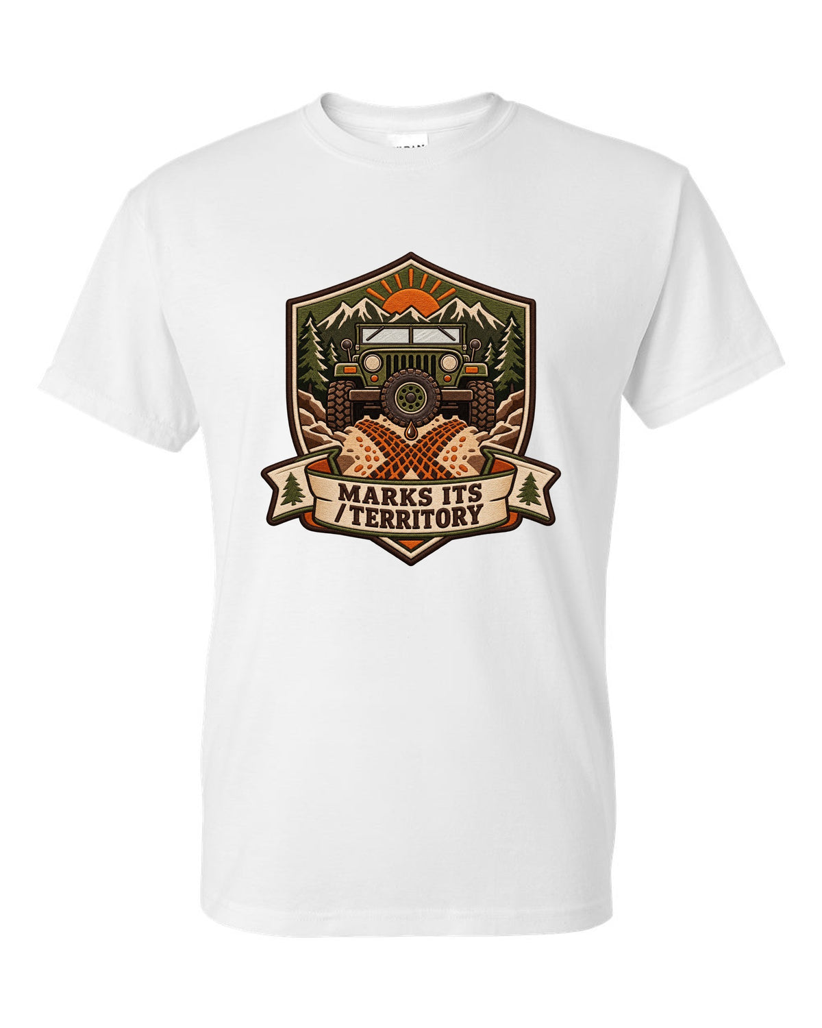 Expedition badge crest of a Toyota Land Cruiser FJ40 with the words Marks Its Territory white t-shirt front view with the design