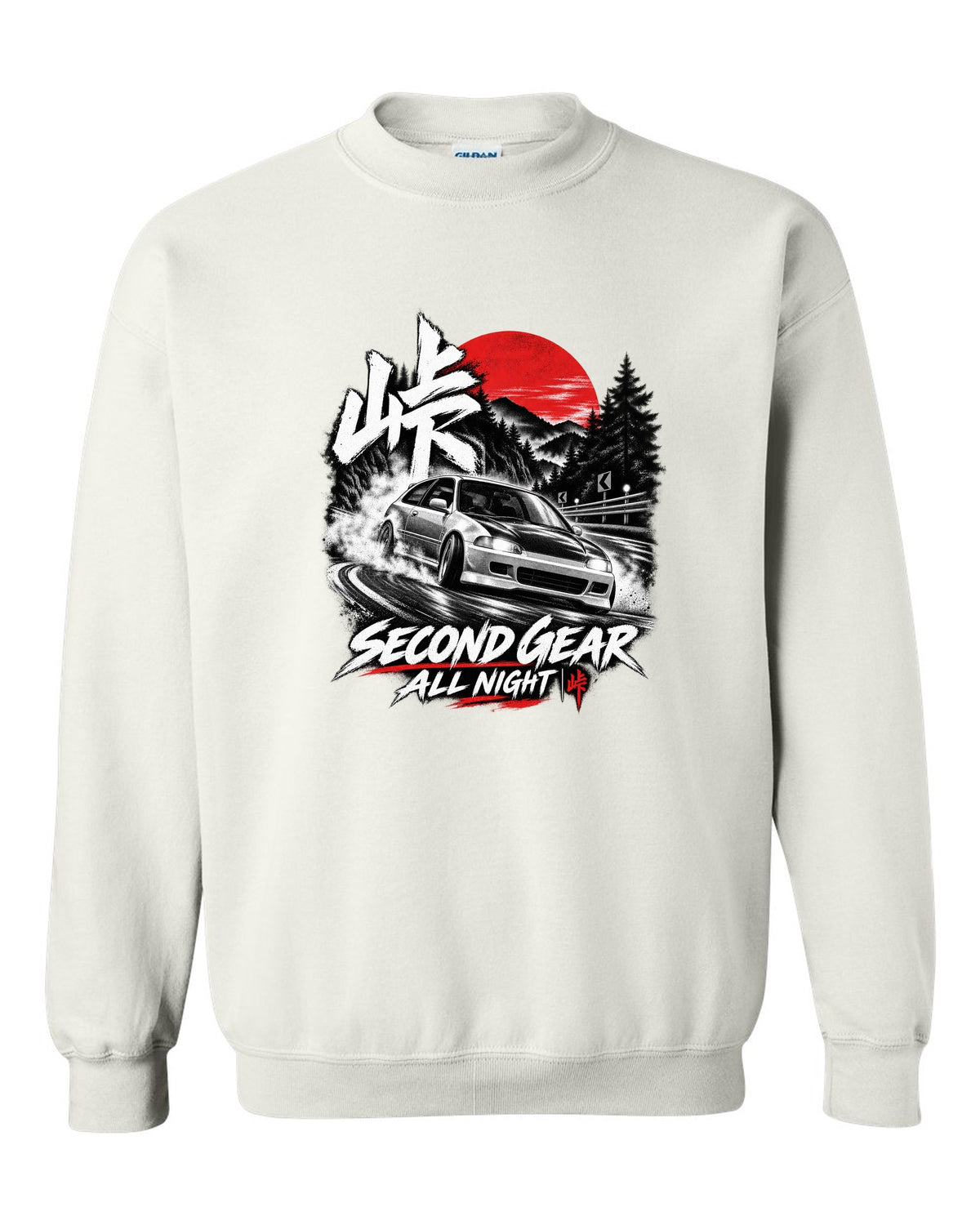 Touge night print of a 1992 Honda Civic EG6 SiR chback with second gear text white crewneck front view with the design