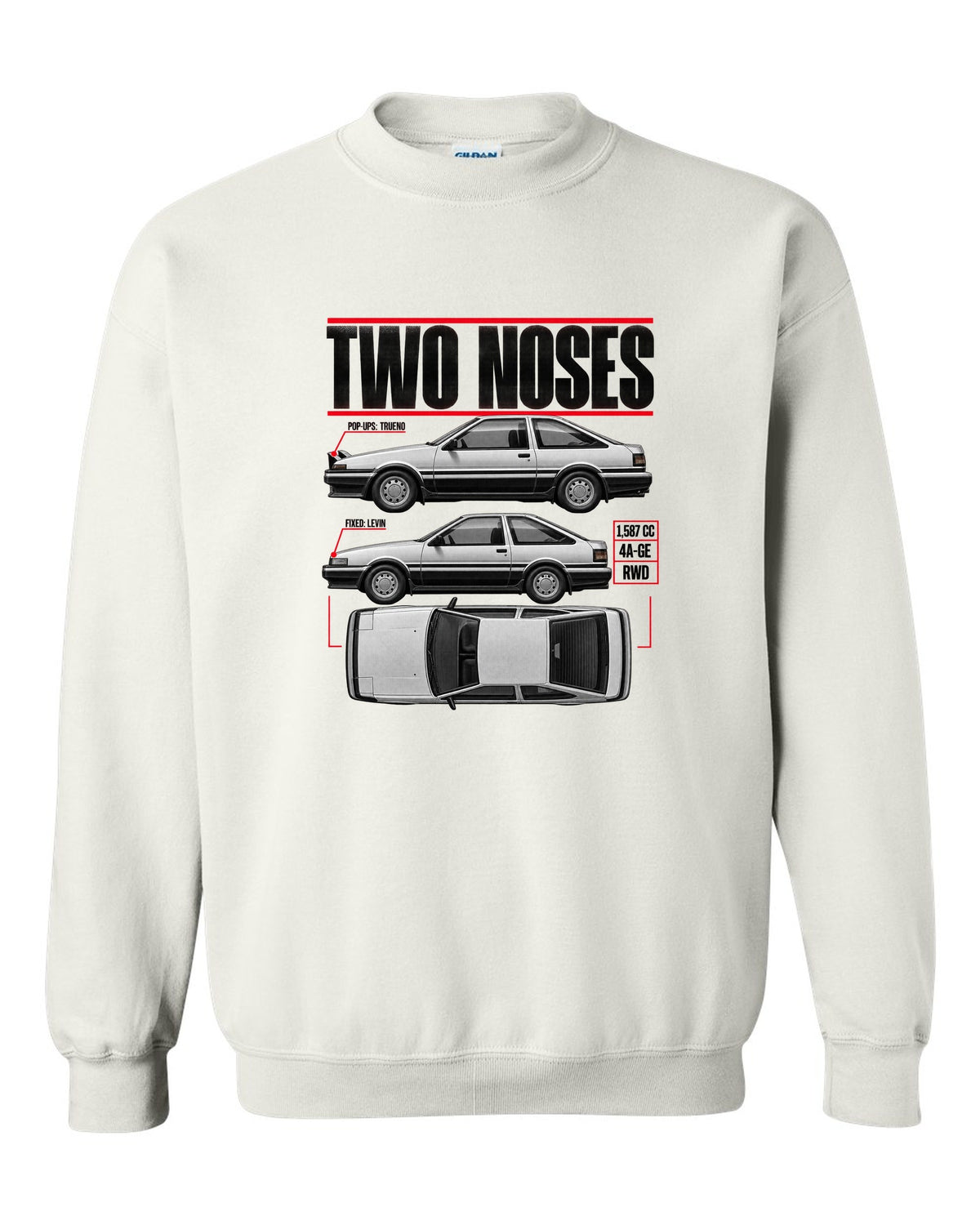 print spec poster of a Toyota AE86 Trueno and Levin in profile with pop-up and fixed headlights white crewneck front view with the design