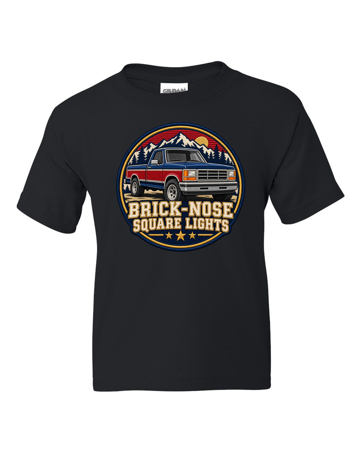 Shield crest print for a 1987-91 Ford F-150 Brick-Nose with square lights text black kids tee front view with the design