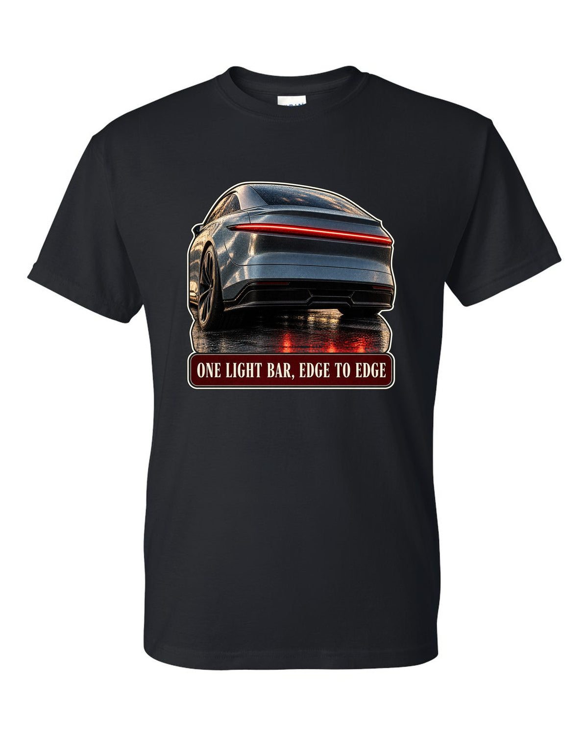Taillight macro print of a Lucid Air Sapphire with a single light bar black t-shirt front view with the design