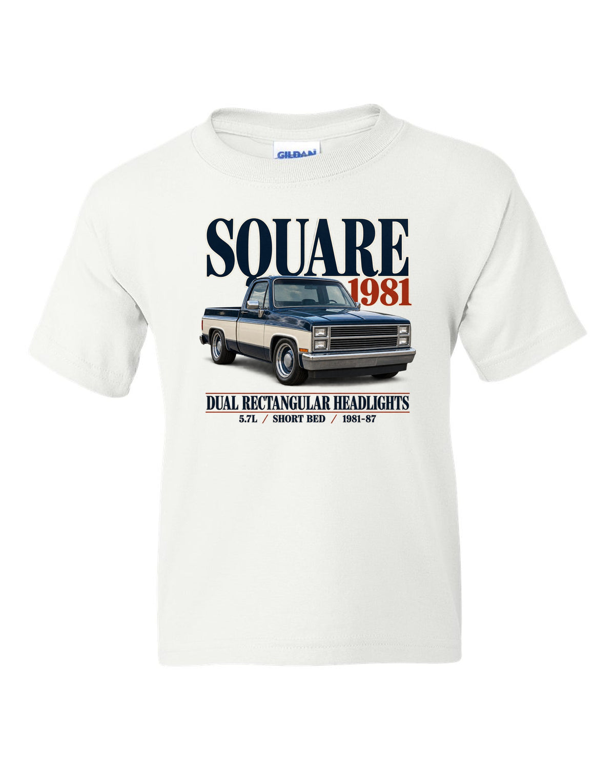 Editorial print of a 1981-87 Chevrolet C10 Squarebody in Silverado trim white kids tee front view with the design