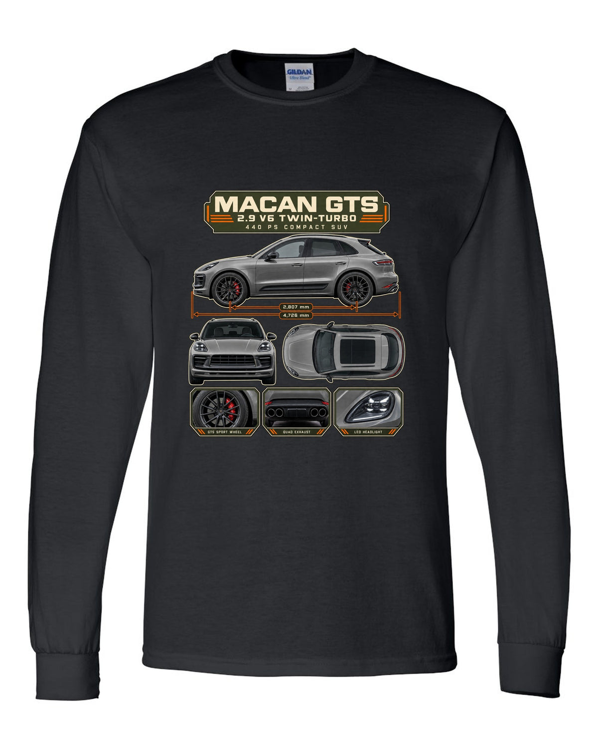 Porsche Macan GTS 95B Dossier Tee, 2.9 V6 Twin-Turbo black long sleeve front view with the design