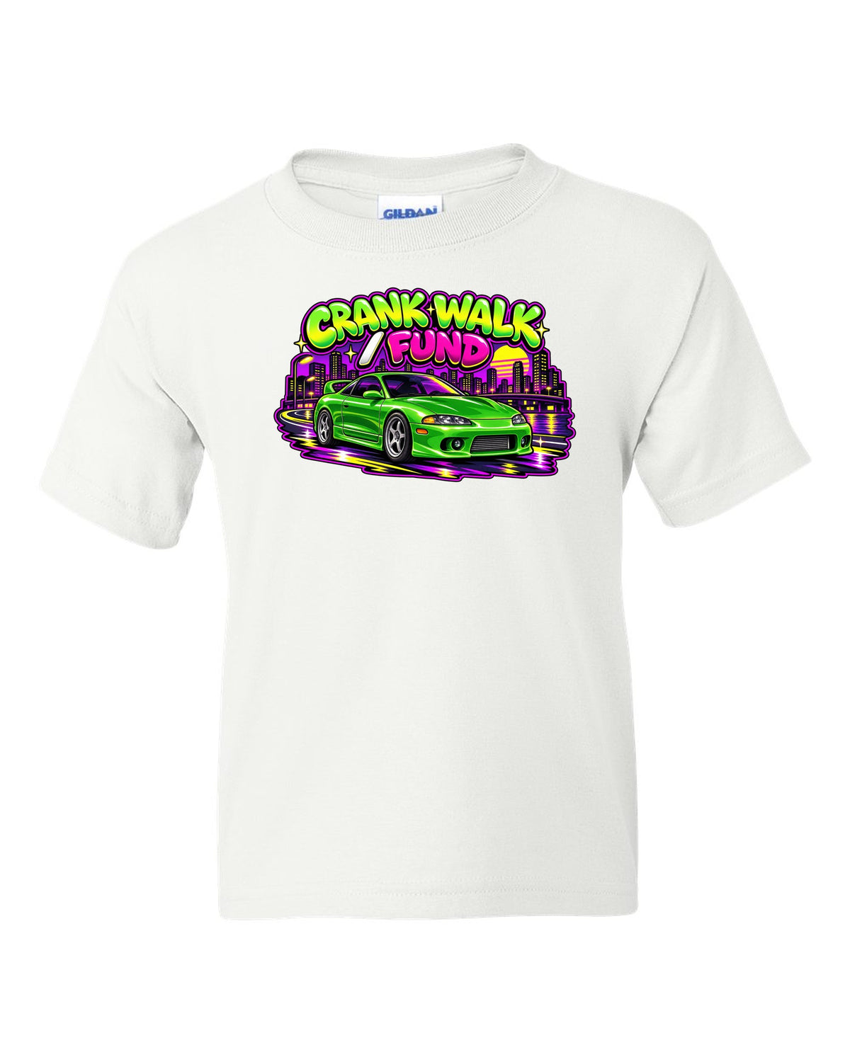 Retro 90s Saturday-morning cartoon style print of a green Mitsubishi Eclipse GSX 2G with crank walk fund text white kids tee front view with the design