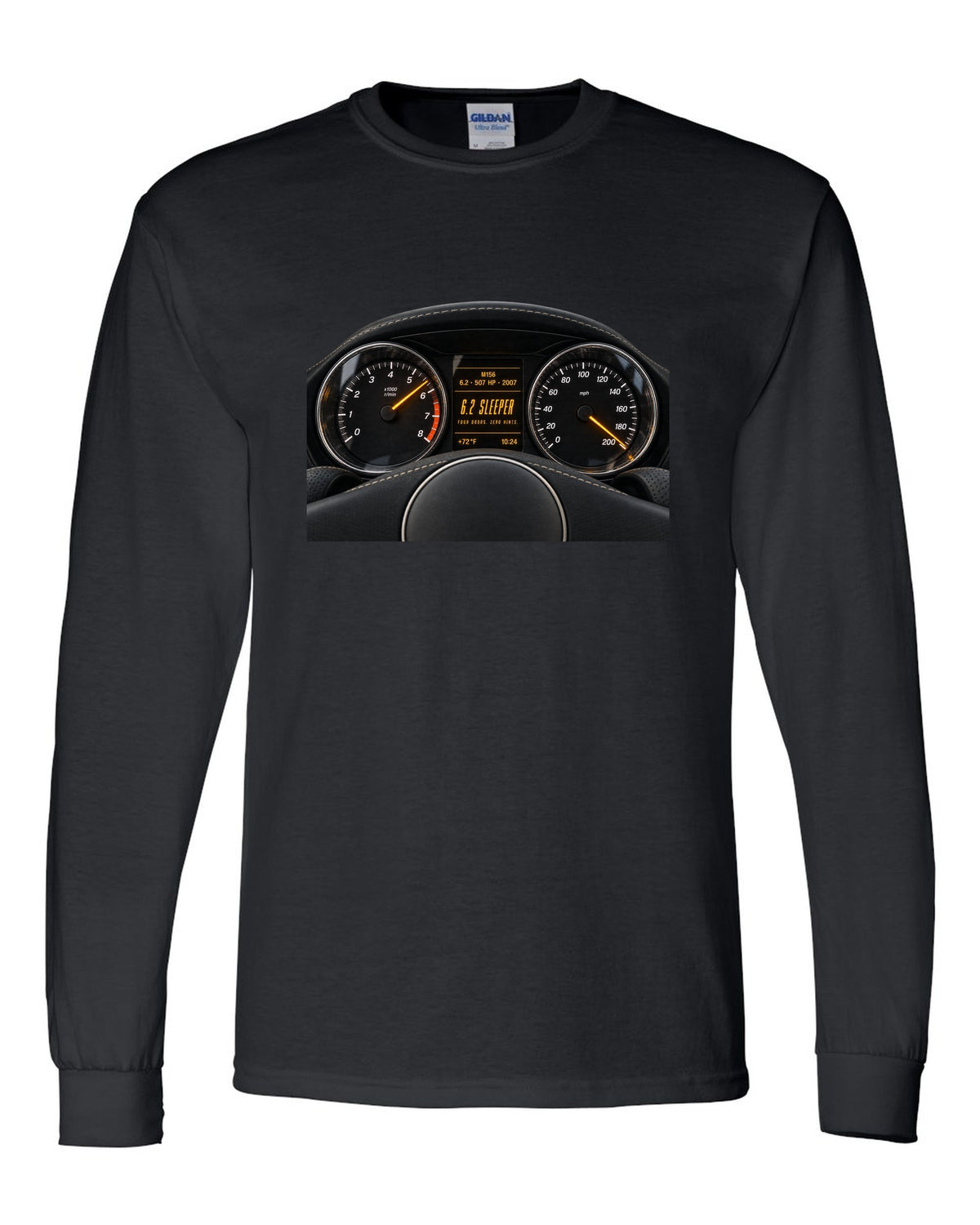 print cockpit gauge of a Mercedes W211 E63 M156 with text 507 HP, 2007, 6.2 sleeper black long sleeve front view with the design
