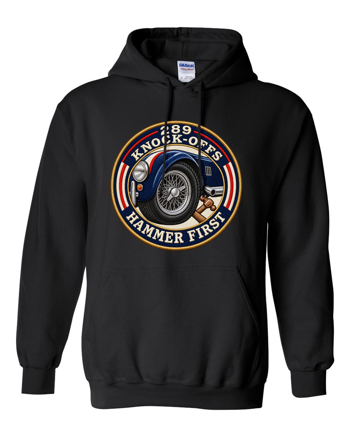 Embroidered-patch style crest print for a Shelby Cobra 289 with Knock-Offs lettering black pull over hoodie front view with the design