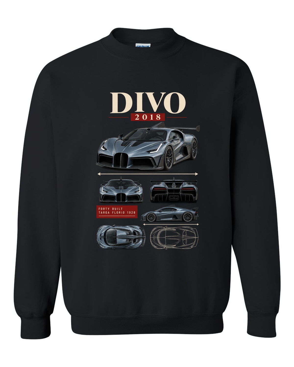 Archive panel design of the Bugatti Divo 2018 with Targa Florio 1928 text, print black crewneck front view with the design