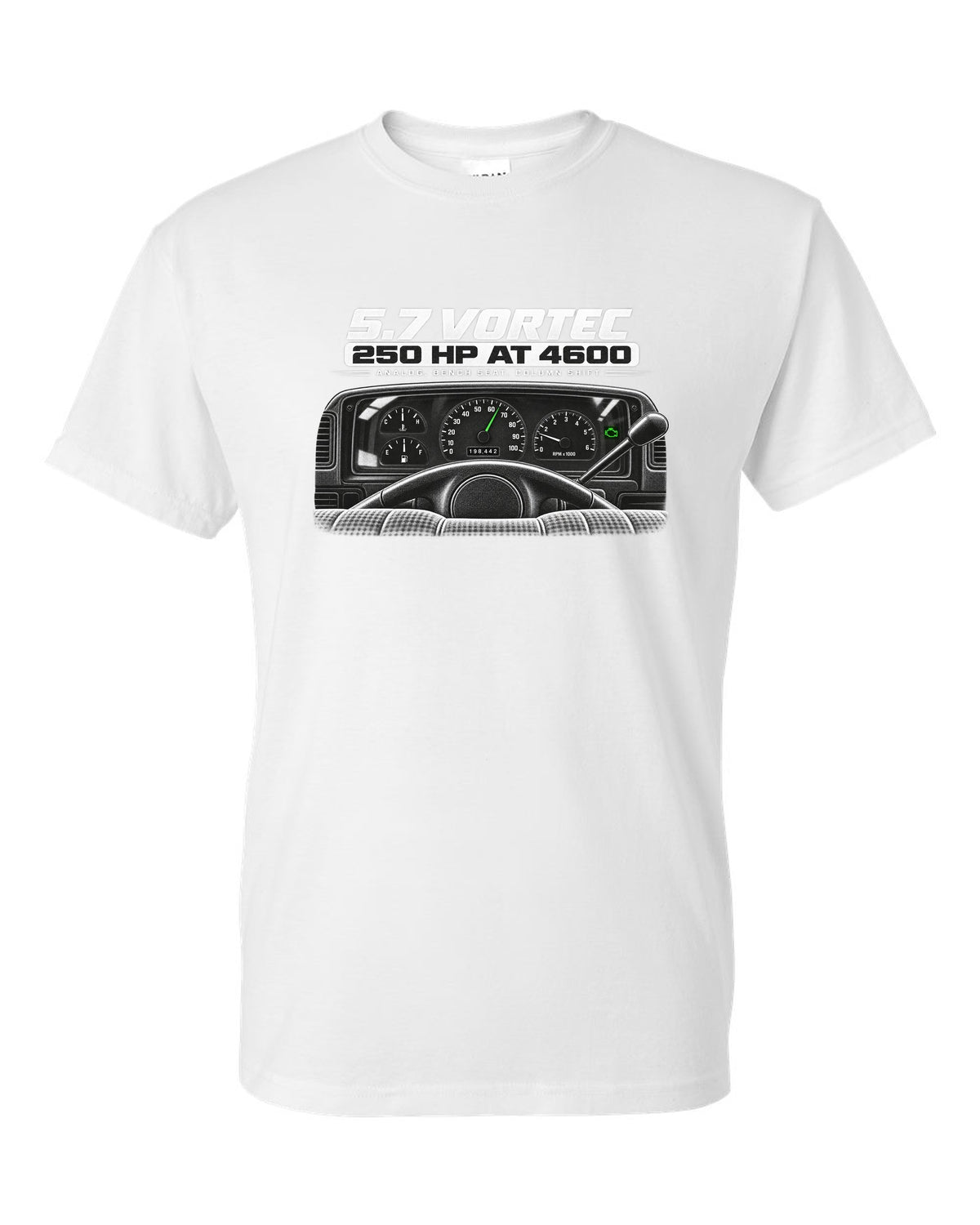 OBS Chevy C1500 cockpit and gauge cluster print white t-shirt front view with the design