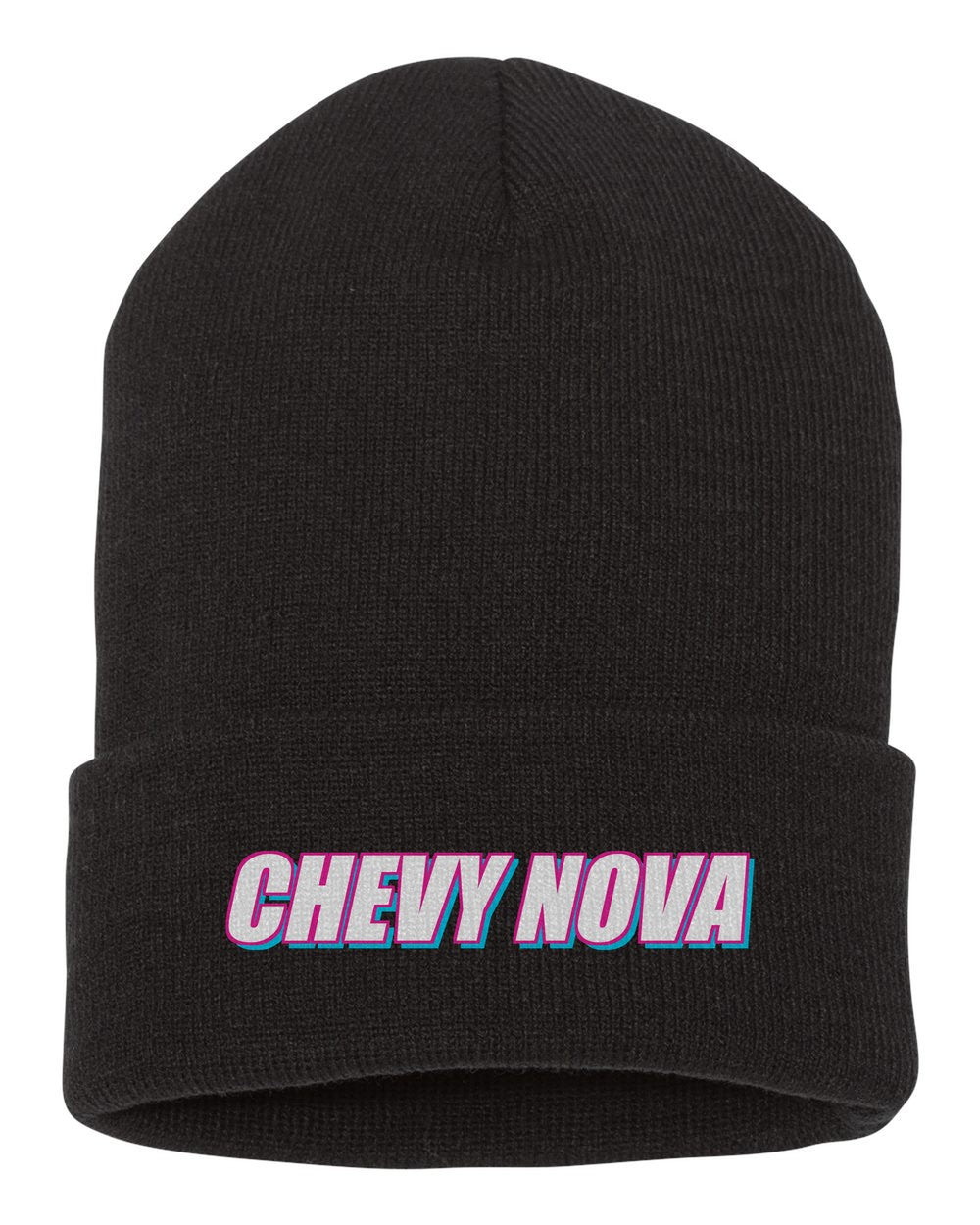 Chevy Nova black beanie front view with car name
