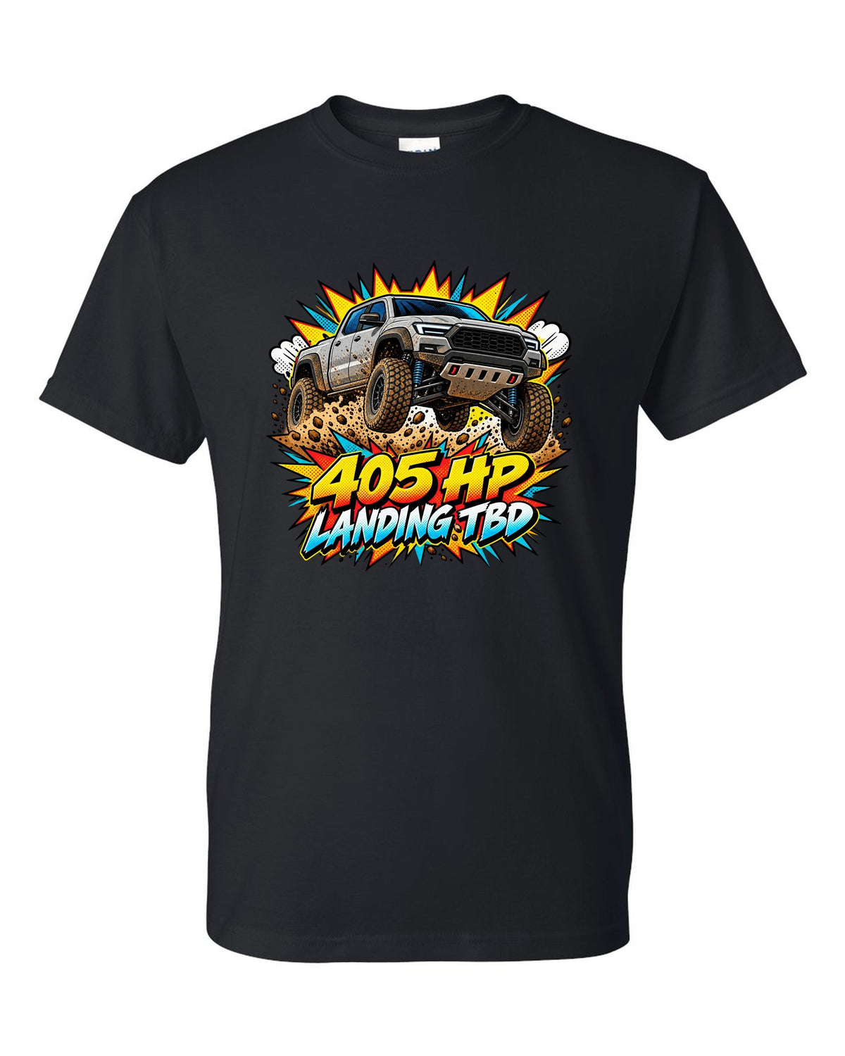 Ford Ranger Raptor P703 mid-jump in a comic pop-art burst print black t-shirt front view with the design