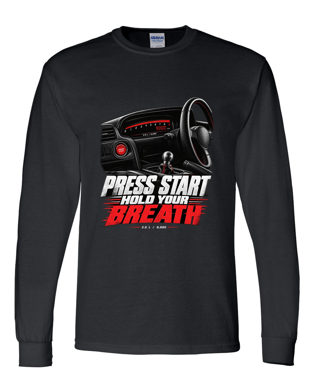 Honda S2000 AP1 roadster cockpit gauge design with press start text black long sleeve front view with the design