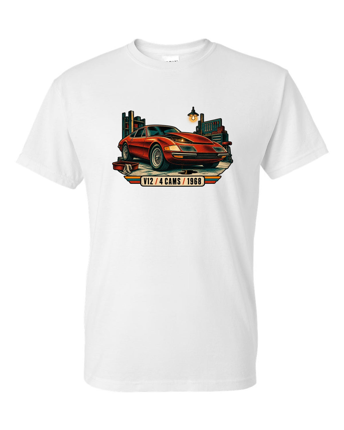 Risograph spot colour print of a Ferrari 365 GTB/4 Daytona in a garage with V12 4 Cams 1968 lettering white t-shirt front view with the design