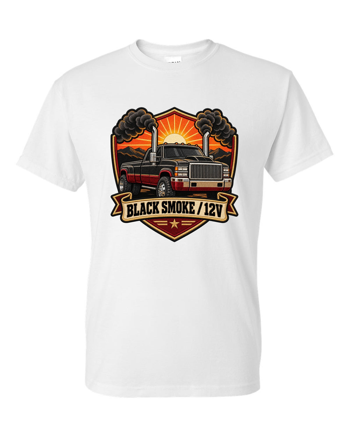 Varsity crest print of a 1994-1998 Dodge Ram 2nd gen with twin chrome smoke stacks and 12V text white t-shirt front view with the design